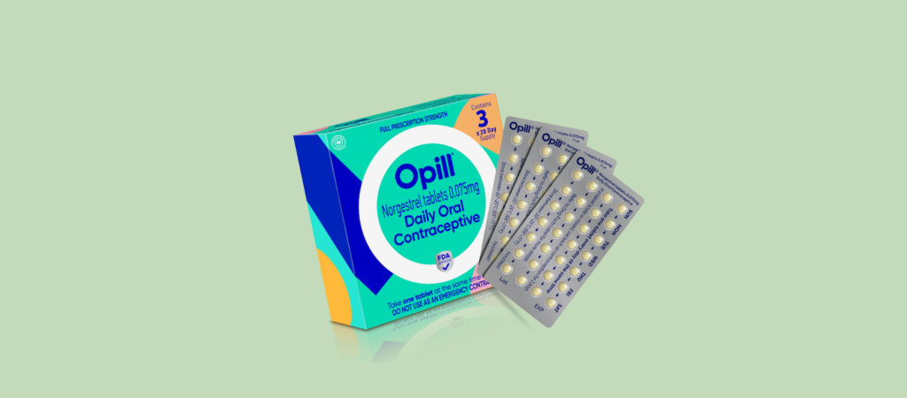 A box of Opill birth control is shown against a light green background, featuring three blister packs of daily oral contraceptive pills.