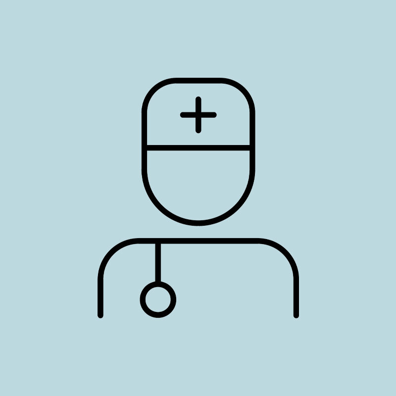 Simple line drawing of a medical professional wearing a cap with a cross and a stethoscope on a light blue background.